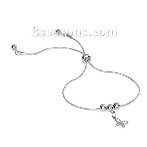 Picture of 304 Stainless Steel Adjustable Slider/ Slide Bolo Bracelets Silver Tone Round Butterfly 24cm(9 4/8") long, 1 Piece