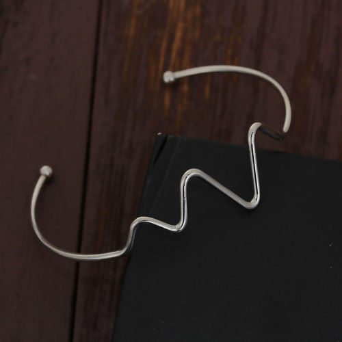 Picture of 304 Stainless Steel Open Cuff Bangles Bracelets Silver Tone Heartbeat /Electrocardiogram 17cm(6 6/8") long, 1 Piece