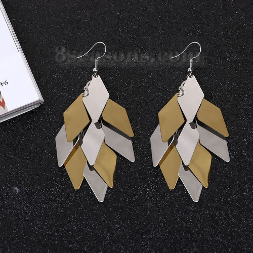 Imagen de 304 Acero Inoxidable Paillette Sequin Pendientes Chapado en Oro Tono de Plata Diamond 91mm x 28mm, Post/ Wire Size: (21 gauge), 1 Par