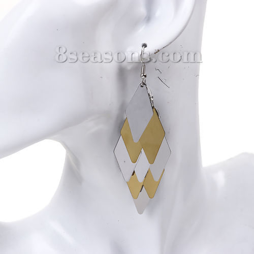Imagen de 304 Acero Inoxidable Paillette Sequin Pendientes Chapado en Oro Tono de Plata Diamond 91mm x 28mm, Post/ Wire Size: (21 gauge), 1 Par