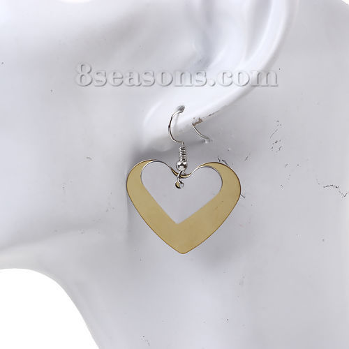 Picture of 304 Stainless Steel Paillette Sequin Earrings Gold Plated Silver Tone Heart 44mm(1 6/8") x 35mm(1 3/8"), Post/ Wire Size: (21 gauge), 1 Pair