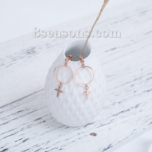 Picture of 316 Stainless Steel Ear Post Stud Earrings Rose Gold Circle Ring Cross 43mm(1 6/8") x 20mm( 6/8"), Post/ Wire Size: (21 gauge), 1 Pair