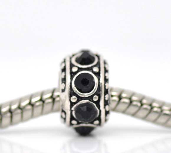 Picture of 10 PCs Zinc Based Alloy European Style Large Hole Charm Beads Antique Silver Color Round Dot Black Rhinestone 11mm Dia., Hole: Approx 4.7mm