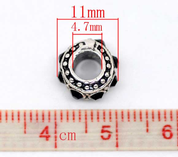 Picture of 10 PCs Zinc Based Alloy European Style Large Hole Charm Beads Antique Silver Color Round Dot Black Rhinestone 11mm Dia., Hole: Approx 4.7mm