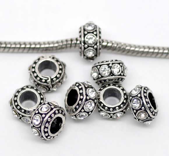 Picture of Zinc Based Alloy European Style Large Hole Charm Beads Round Antique Silver Color Dot Clear Rhinestone About 10mm Dia, Hole: Approx 4.7mm, 10 PCs