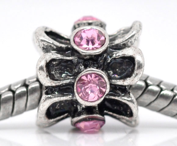 Picture of 10 PCs Zinc Based Alloy European Style Large Hole Charm Beads Antique Silver Color Drum Light Pink Rhinestone 10mm x 10mm, Hole: Approx 5mm