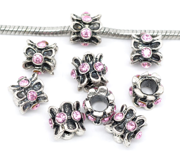 Picture of 10 PCs Zinc Based Alloy European Style Large Hole Charm Beads Antique Silver Color Drum Light Pink Rhinestone 10mm x 10mm, Hole: Approx 5mm