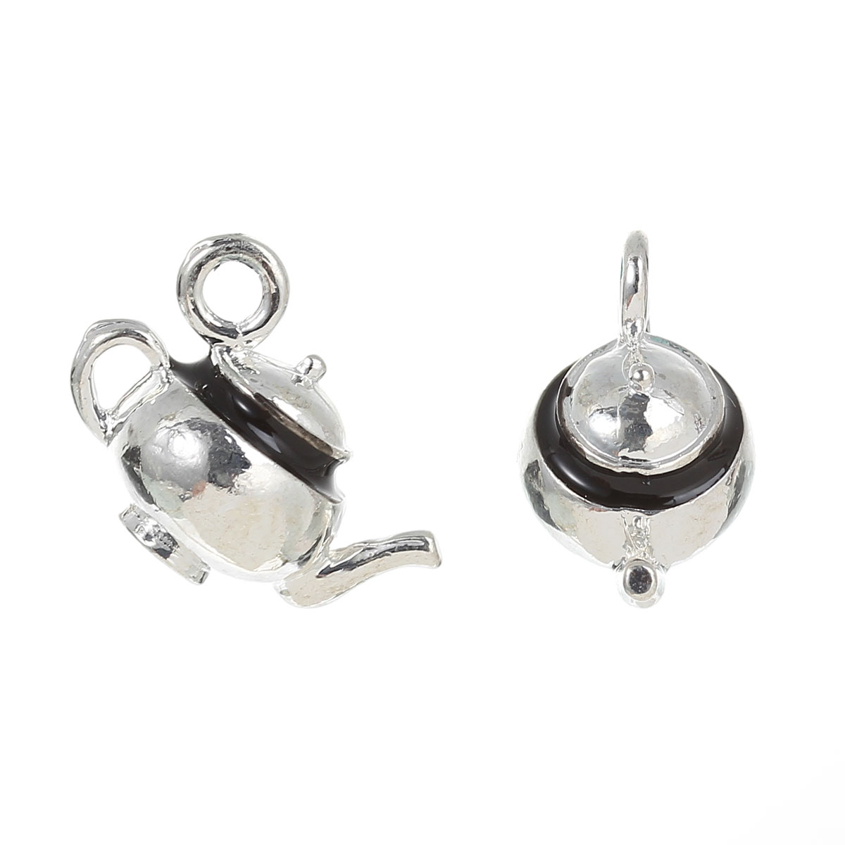 Picture of Zinc Metal Alloy 3D Charm Pendants Teapot Silver Plated Black Enamel 17mm x12mm( 5/8" x 4/8"), 10 PCs