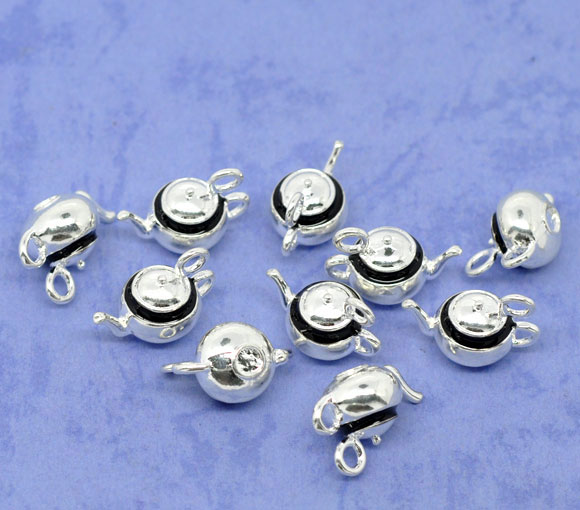 Picture of Zinc Metal Alloy 3D Charm Pendants Teapot Silver Plated Black Enamel 17mm x12mm( 5/8" x 4/8"), 10 PCs