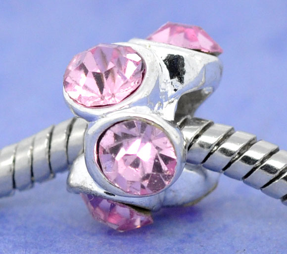 Picture of Zinc Metal Alloy European Style Large Hole Charm Beads Round Silver Plated Light Pink Rhinestone About 12mm Dia, Hole: Approx 4.8mm, 10 PCs