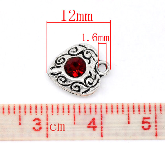 Picture of Antique Silver Color Rhinestone Love Heart Charm Pendants 12x10mm, sold per packet of 20