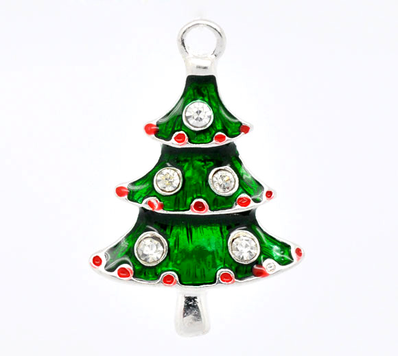 Imagen de Colgantes Aleación + Brillantito de Árbol Argentado Rhinestone Blanco 26.0mm x 17.0mm, 10 Unidades 
