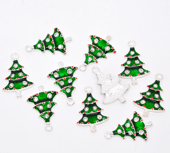 Imagen de Colgantes Aleación + Brillantito de Árbol Argentado Rhinestone Blanco 26.0mm x 17.0mm, 10 Unidades 