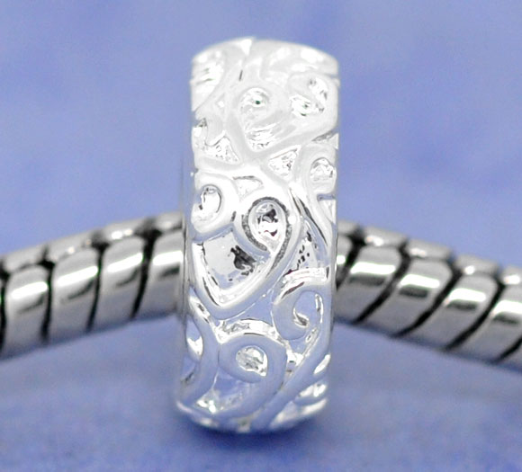 Picture of Brass European Style Large Hole Charm Beads Round Silver Plated Heart Carved 925 Stamped Sterling Silver Imitation About 11mm Dia, Hole: Approx 4.7mm, 10 PCs
