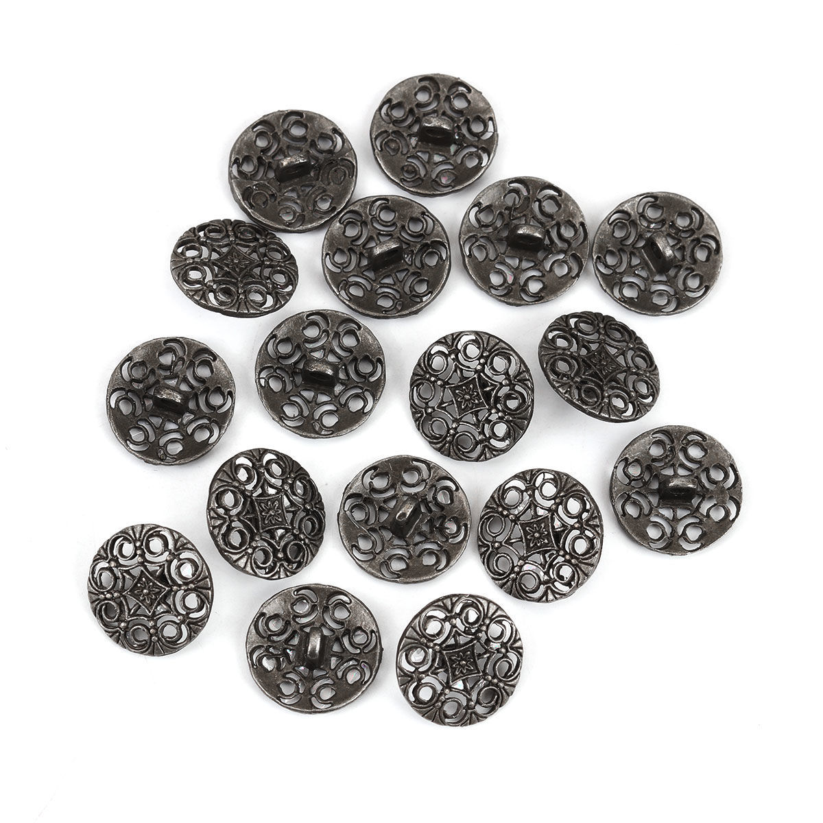 Picture of 50 PCs Zinc Based Alloy Metal Sewing Shank Buttons Single Hole Antique Silver Color Round Filigree 18mm Dia.
