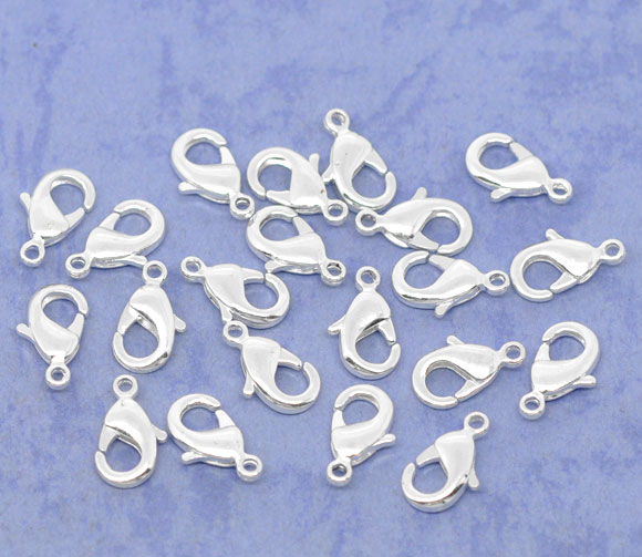 Picture of Brass Lobster Clasps Silver Plated 12mm( 4/8") x 7mm( 2/8"), 50 PCs