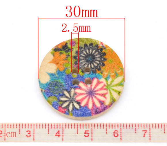 Picture of Natural Wood Sewing Buttons 4 Holes Scrapbooking Round Multicolor Flower Pattern 3cm(1 1/8") Dia, 30 PCs