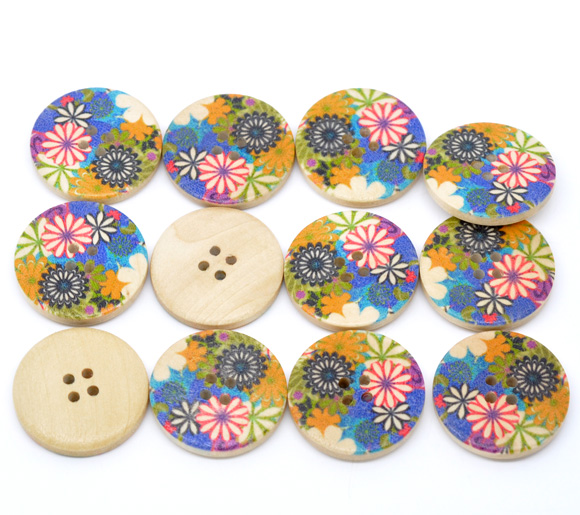 Picture of Natural Wood Sewing Buttons 4 Holes Scrapbooking Round Multicolor Flower Pattern 3cm(1 1/8") Dia, 30 PCs