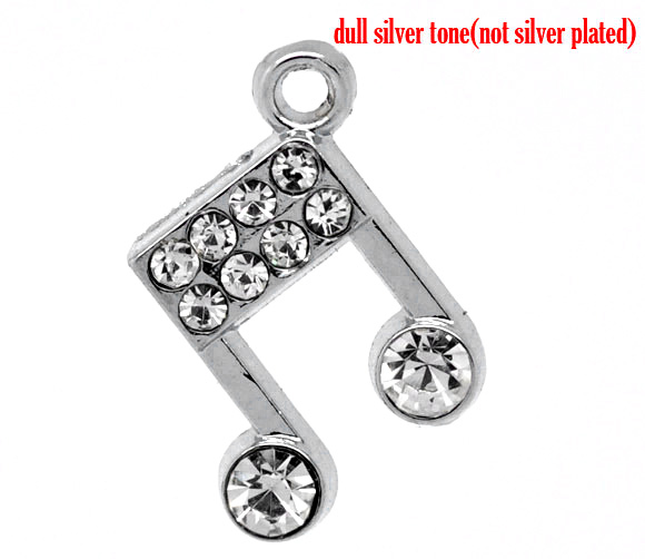 Imagen de Colgantes Aleación + Brillantito de Nota musical Tono de Plata Rhinestone Blanco 17.0mm x 15.0mm, 10 Unidades 