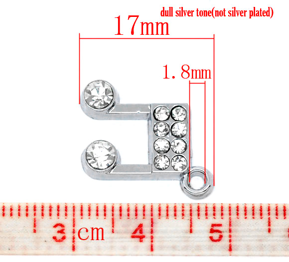 Imagen de Colgantes Aleación + Brillantito de Nota musical Tono de Plata Rhinestone Blanco 17.0mm x 15.0mm, 10 Unidades 