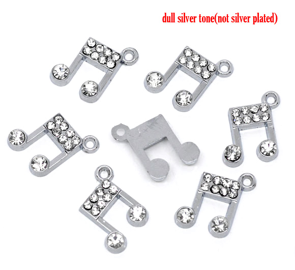 Imagen de Colgantes Aleación + Brillantito de Nota musical Tono de Plata Rhinestone Blanco 17.0mm x 15.0mm, 10 Unidades 