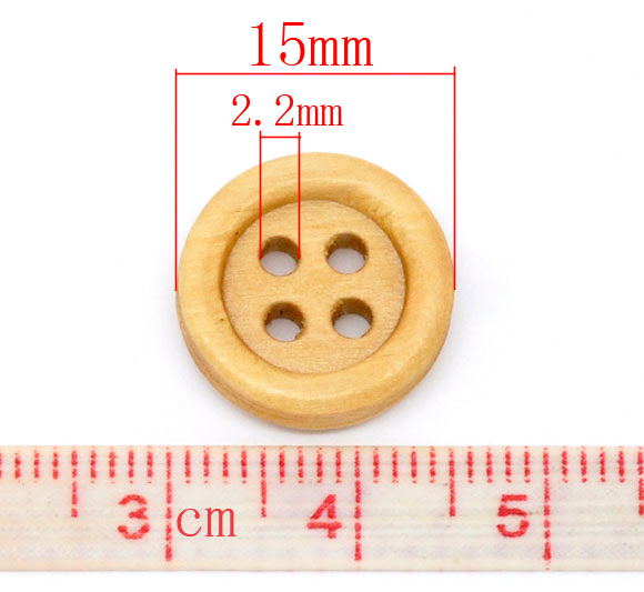 Imagen de Costura Botón Cuatro Agujeros Madera de Ronda,Natural 15mm Diámetro, 150 Unidades