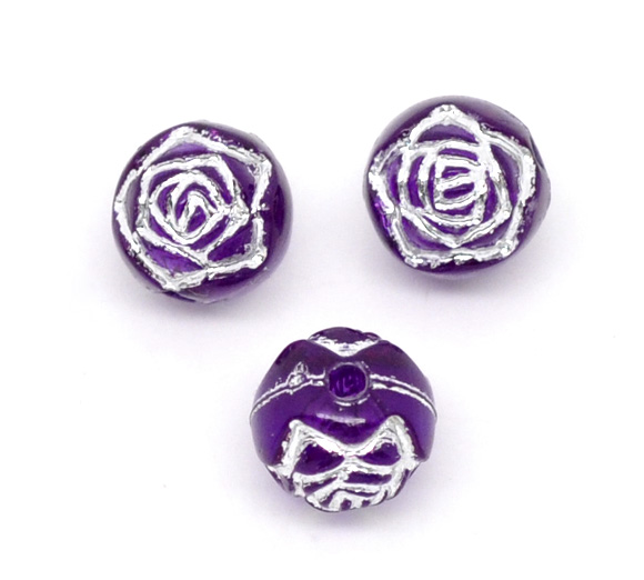 Picture of Acrylic Silver Accent Bubblegum Beads Rose Flower Purple Foil About 8mm( 3/8") Dia, Hole: Approx 1mm, 300 PCs