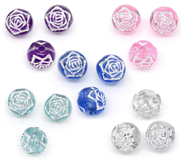 Picture of Acrylic Silver Accent Bubblegum Beads Rose Flower At Random Mixed Foil About 8mm Dia, Hole: Approx 1mm, 500 PCs