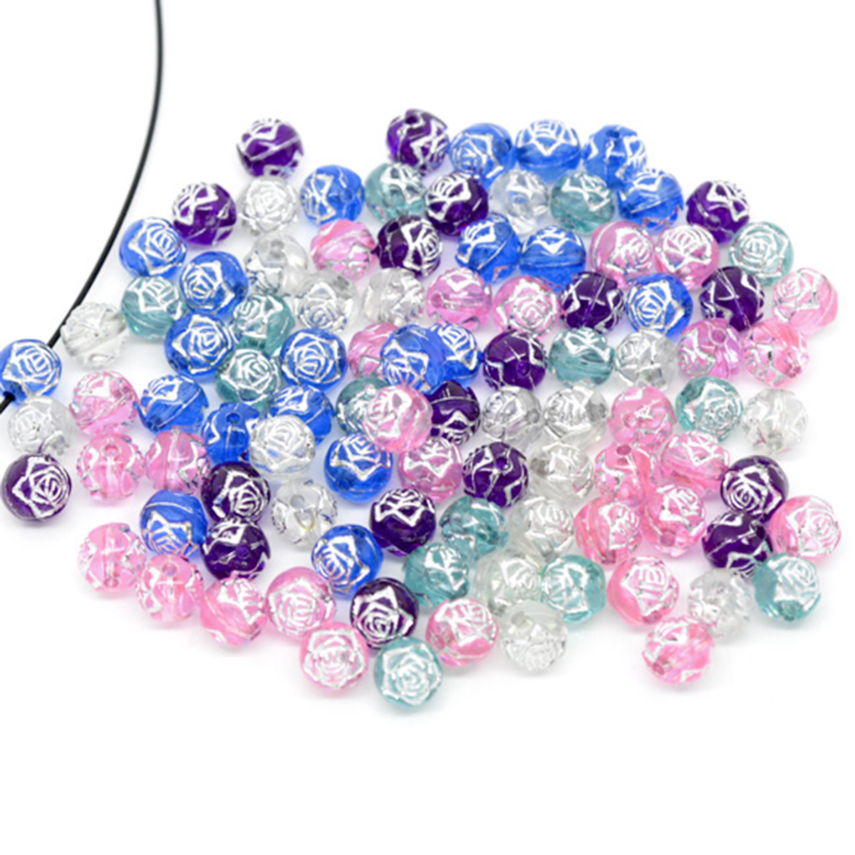Picture of Acrylic Silver Accent Bubblegum Beads Rose Flower At Random Mixed Foil About 8mm Dia, Hole: Approx 1mm, 500 PCs