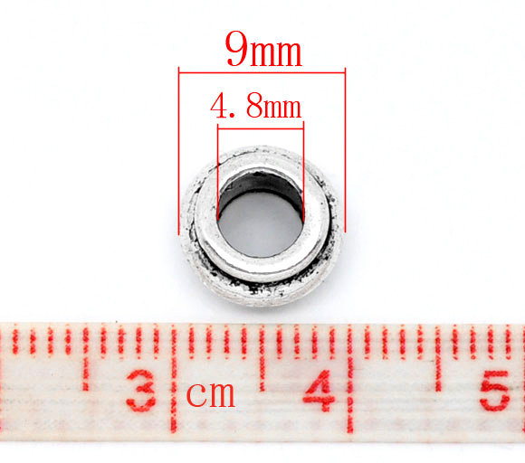 Picture of 50 PCs Zinc Based Alloy European Style Large Hole Charm Beads Antique Silver Color Round Stripe 9mm x 5mm, Hole: Approx 4.8mm