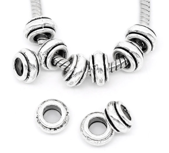 Picture of 50 PCs Zinc Based Alloy European Style Large Hole Charm Beads Antique Silver Color Round Stripe 9mm x 5mm, Hole: Approx 4.8mm