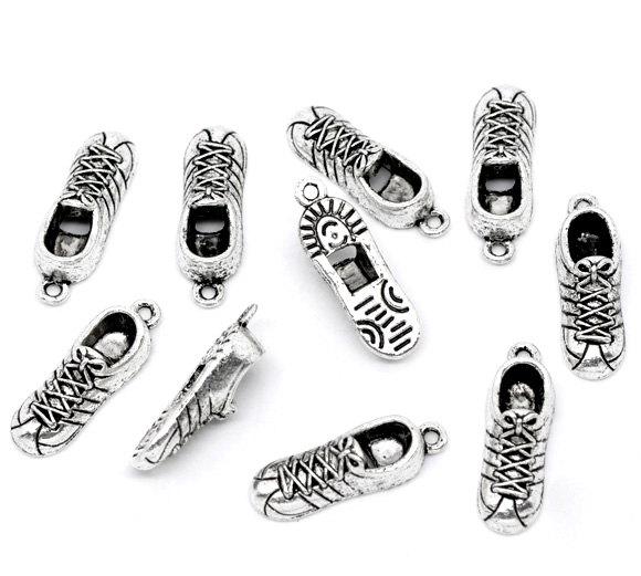 Image de Pendentifs Sport en Alliage de Zinc Chaussures Argent Vieilli Rayées 28mm x 9mm, 20 Pcs