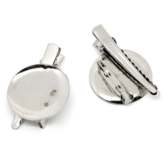 Picture of Alloy Alligator Prong Clip & Pin Brooches Round Silver Tone Cabochon Setting (Fits 28mm Dia.) 4.5cm(1 6/8") x 3cm(1 1/8"), 20 PCs
