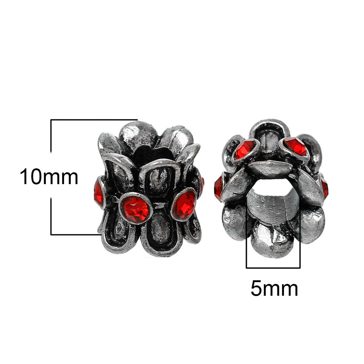 Picture of 10 PCs Zinc Based Alloy European Style Large Hole Charm Beads Antique Silver Color Drum Red Rhinestone 10mm x 10mm, Hole: Approx 5mm
