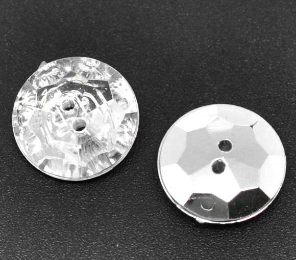 Picture of Acrylic Sewing Buttons Scrapbooking 2 Holes Round Clear & Silver Plated Faceted 18mm( 6/8") Dia, 60 PCs