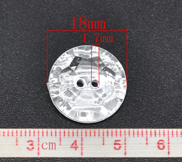 Picture of Acrylic Sewing Buttons Scrapbooking 2 Holes Round Clear & Silver Plated Faceted 18mm( 6/8") Dia, 60 PCs