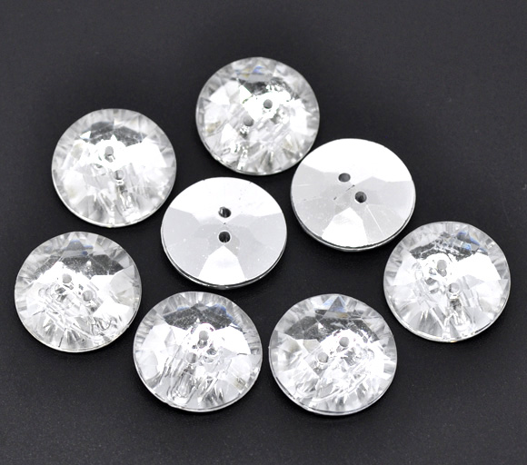 Picture of Acrylic Sewing Buttons Scrapbooking 2 Holes Round Clear & Silver Plated Faceted 25mm( 1") Dia, 30 PCs