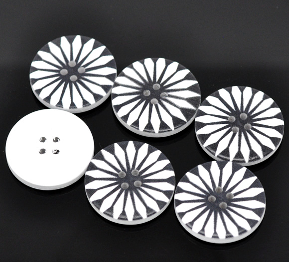 Picture of Natural Wood Sewing Buttons Scrapbooking 4 Holes Round White Flower Pattern 3cm(1 1/8") Dia, 20 PCs