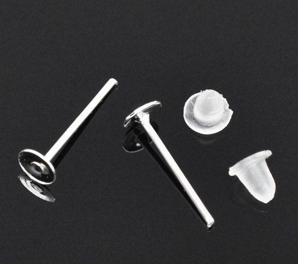 Bild von Eisen(Legierung) Ohrstecker mit Ohrstopper Rund Versilbert 12mm x 4mm, Drahtstärke: (21 gauge), 1000 Stück