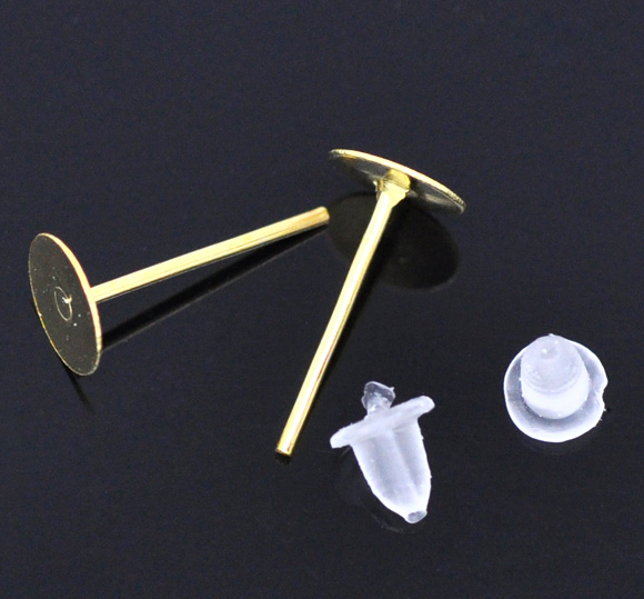 Picture of Alloy Ear Post Stud Earrings Findings Round Gold Plated Cabochon Settings (Fits 6mm Dia) 12mm( 4/8") x 6mm( 2/8"), Post/ Wire Size: (21 gauge), 800 PCs