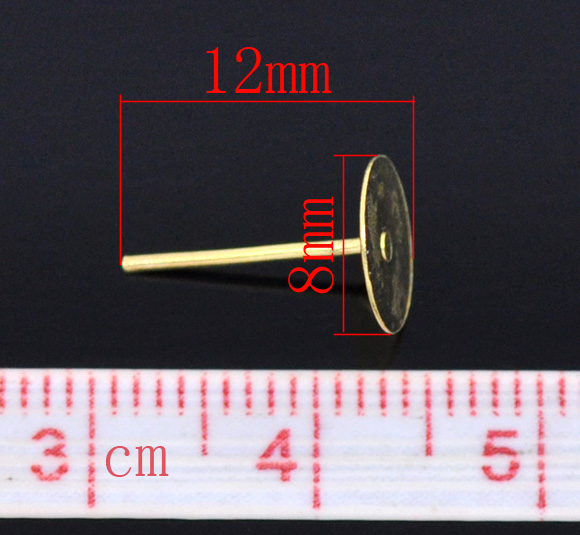 Picture of 500 PCs Iron Based Alloy Cabochon Settings Ear Post Stud Earrings Findings Round Gold Plated With Stoppers (Fit 8mm Dia.) 8mm Dia., Post/ Wire Size: 0.7mm(21 gauge)