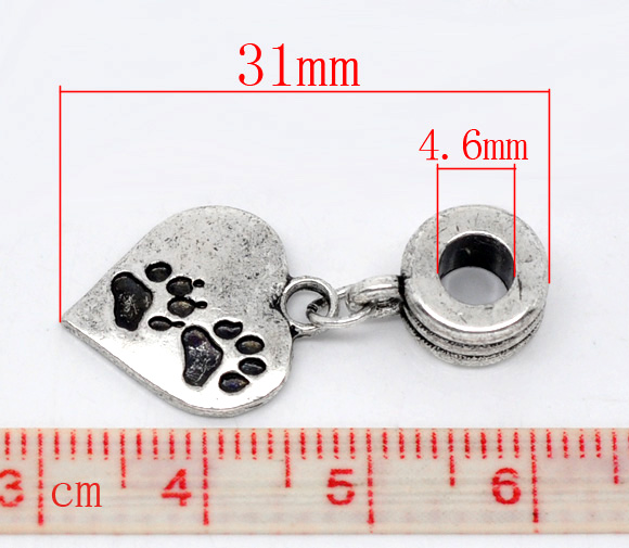 Picture of 20 PCs Zinc Based Alloy European Style Dangle Charm Beads For Bracelet Necklace Jewelry Making Heart Paw Print Antique Silver Color 31mm x 14mm