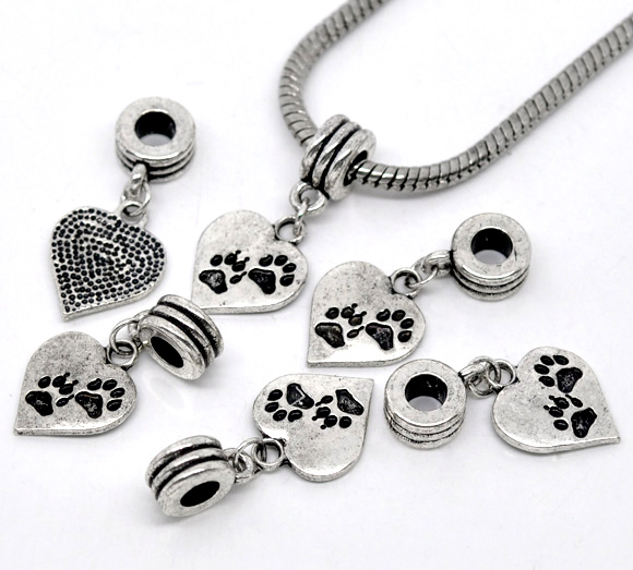 Picture of 20 PCs Zinc Based Alloy European Style Dangle Charm Beads For Bracelet Necklace Jewelry Making Heart Paw Print Antique Silver Color 31mm x 14mm