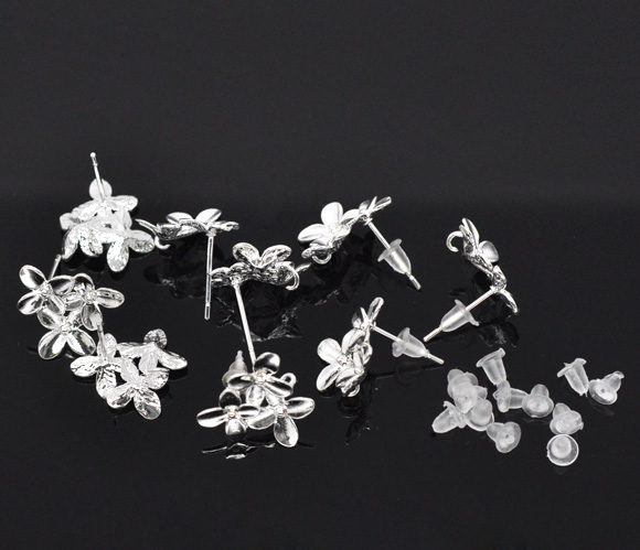 Picture of 10 PCs Brass Ear Post Stud Earrings Silver Plated Flower With Loop 15mm x 14mm, Post/ Wire Size: 0.7mm(21 gauge)