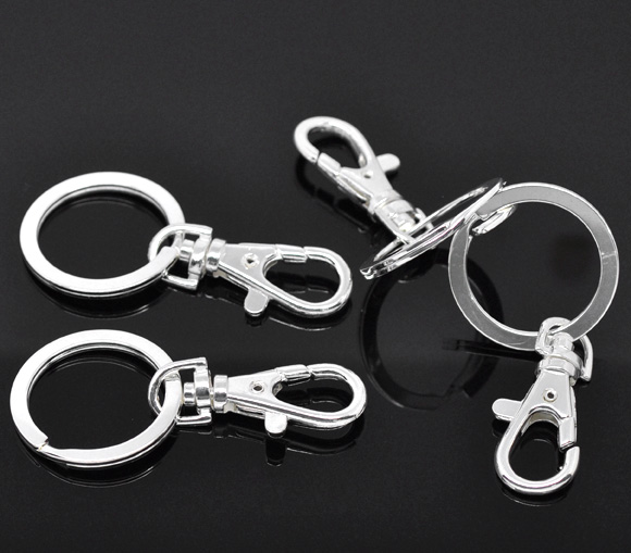 Picture of Iron Based Alloy Keychain & Keyring Round Swivel Clasp Silver Plated 65mm x 33mm, 5 PCs