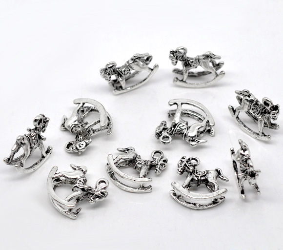 Imagen de Colgantes 3D Aleación del Metal Del Zinc de Caballo de madera Plata Antigua  15mm x 14mm, 30 Unidades