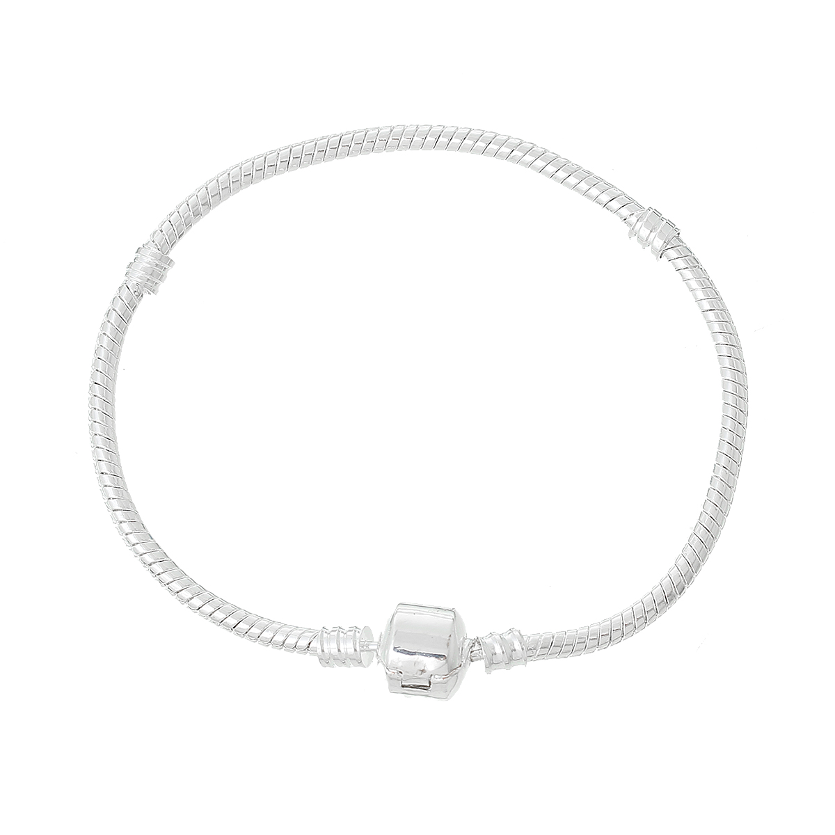 Picture of Copper European Style Snake Chain Charm Bracelets Silver Plated W/ Stopper Clip 18cm long, 4 PCs