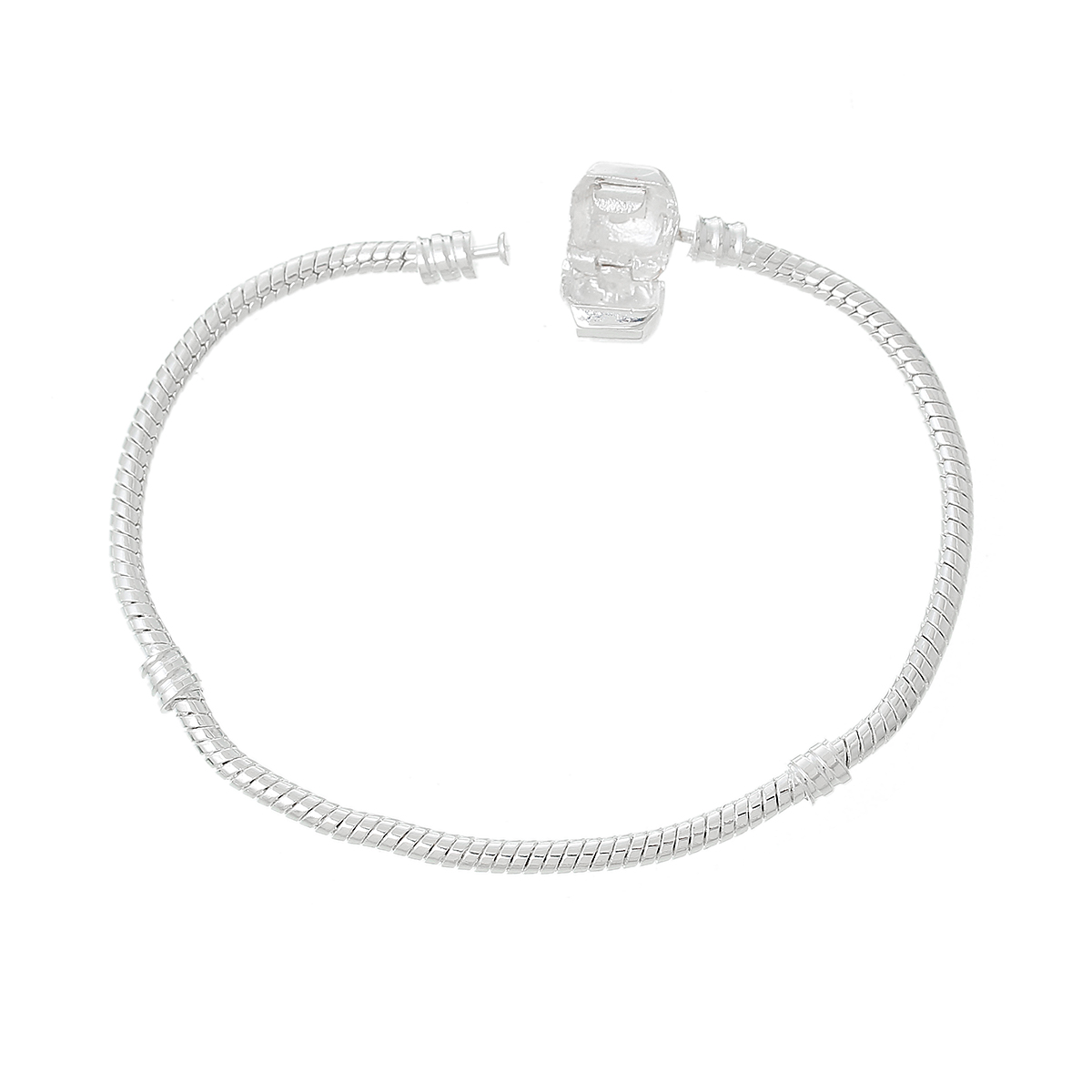 Picture of Copper European Style Snake Chain Charm Bracelets Silver Plated W/ Stopper Clip 18cm long, 4 PCs