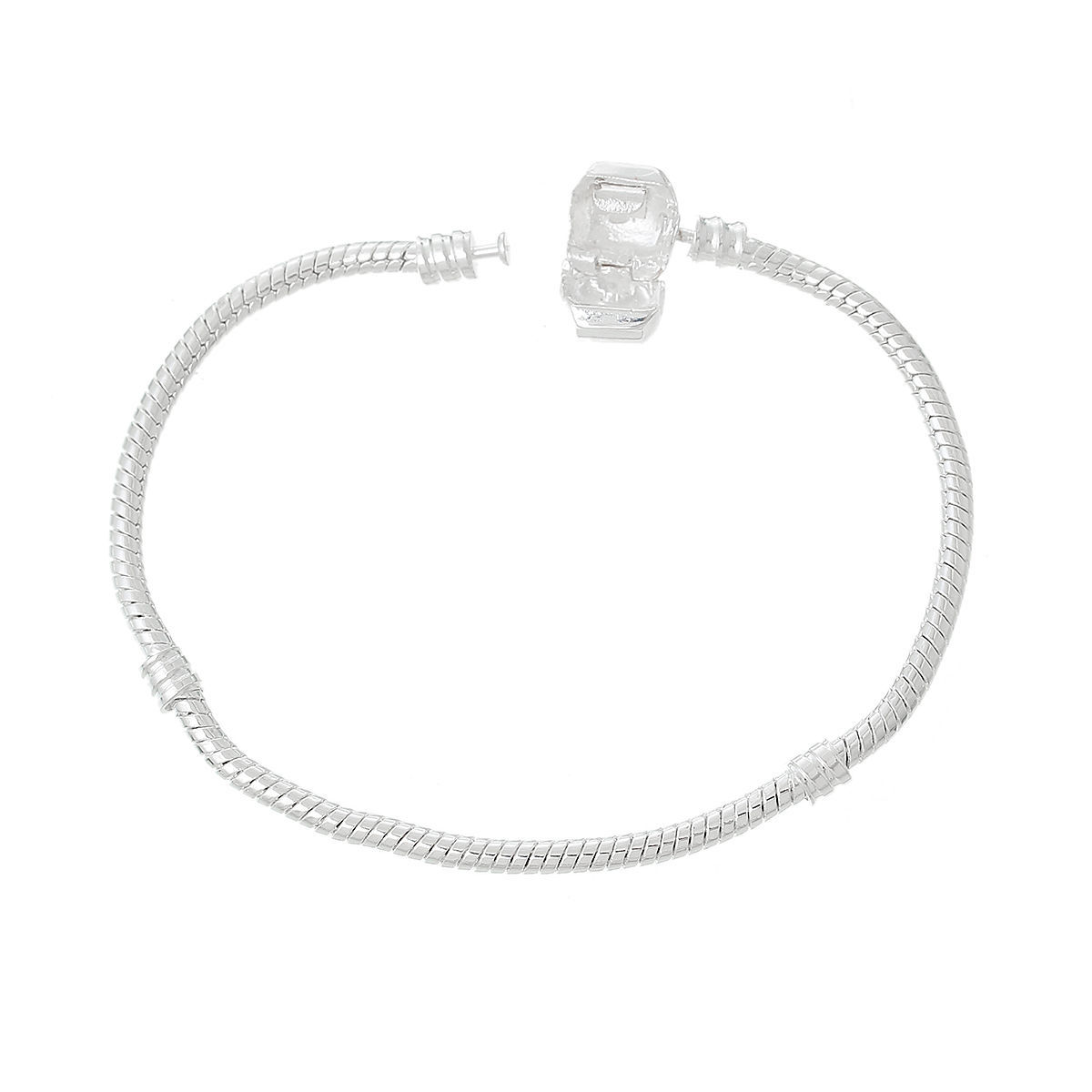 Picture of Copper European Style Snake Chain Charm Bracelets Silver Plated W/ Stopper Clip 18cm long, 4 PCs