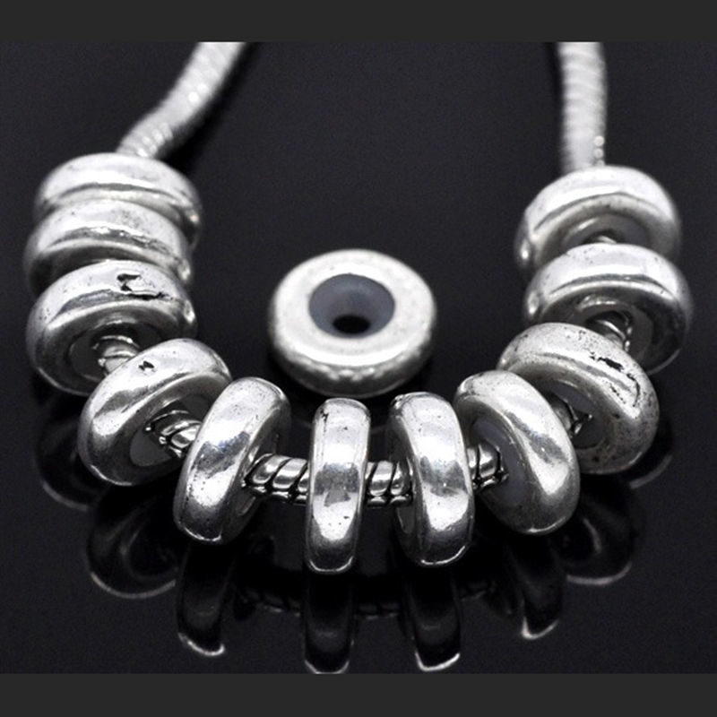 Picture of 100 PCs Zinc Based Alloy European Style Large Hole Charm Beads Antique Silver Color Round With Rubber Band Ring 11mm x 3.5mm, Hole: Approx 5.2mm